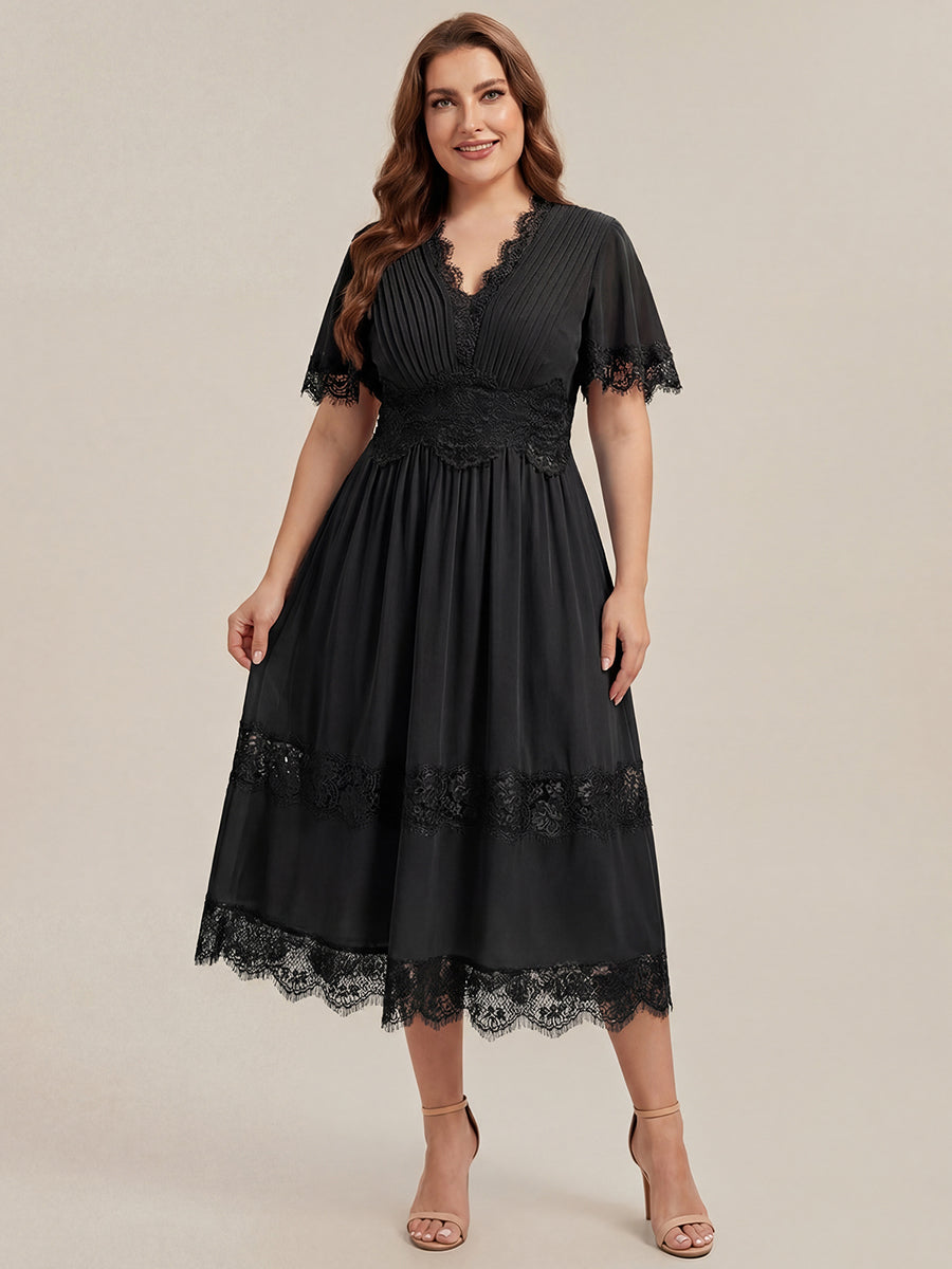 Tea L?nge V-Ausschnitt A-Linie Chiffon Kleid Mit Falten Design Und Cut-Out Detail #Farbe_Schwarz