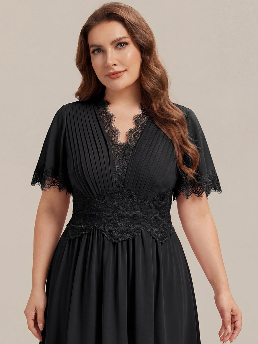 Tea L?nge V-Ausschnitt A-Linie Chiffon Kleid Mit Falten Design Und Cut-Out Detail #Farbe_Schwarz