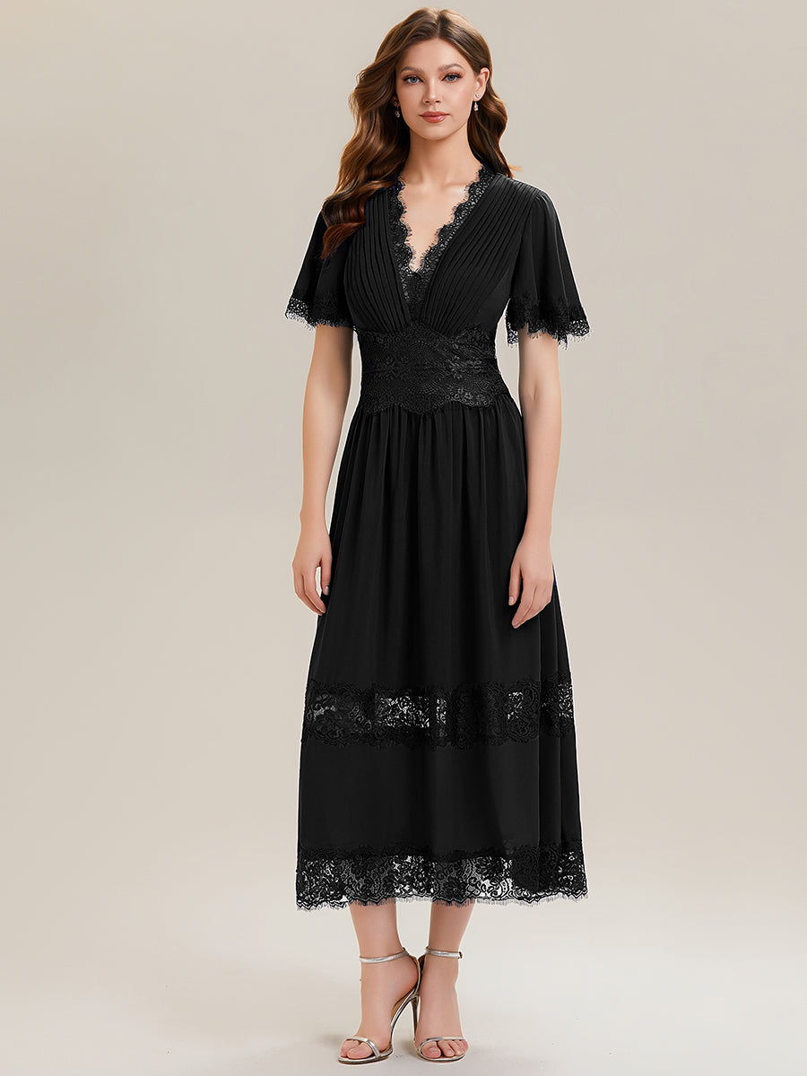 Tea L?nge V-Ausschnitt A-Linie Chiffon Kleid Mit Falten Design Und Cut-Out Detail #Farbe_Schwarz