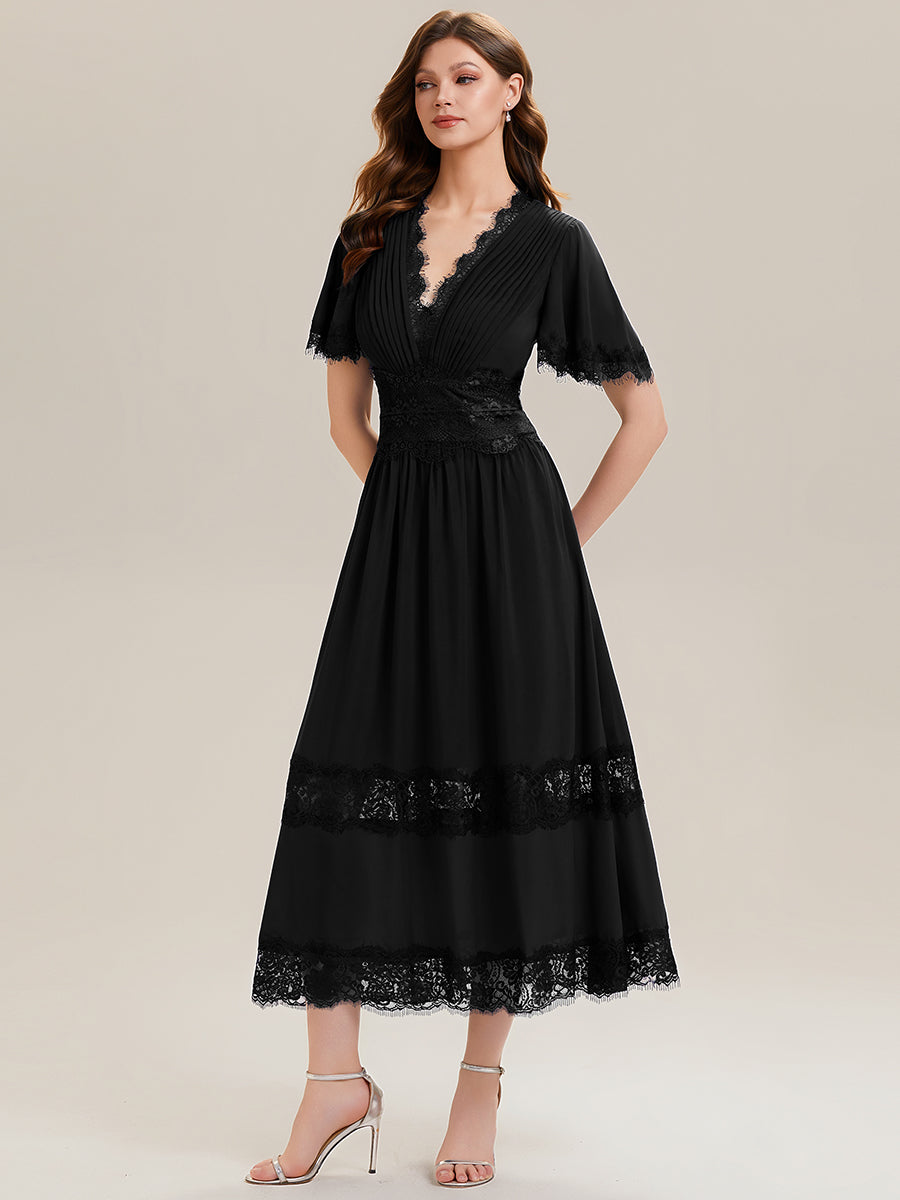 Tea L?nge V-Ausschnitt A-Linie Chiffon Kleid Mit Falten Design Und Cut-Out Detail #Farbe_Schwarz