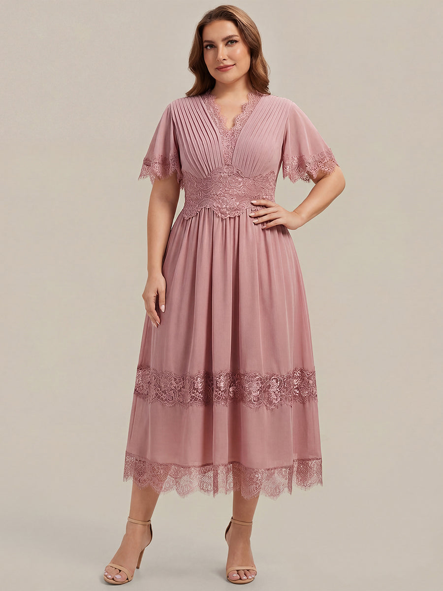 Tea L?nge V-Ausschnitt A-Linie Chiffon Kleid Mit Falten Design Und Cut-Out Detail #Farbe_Altrosa