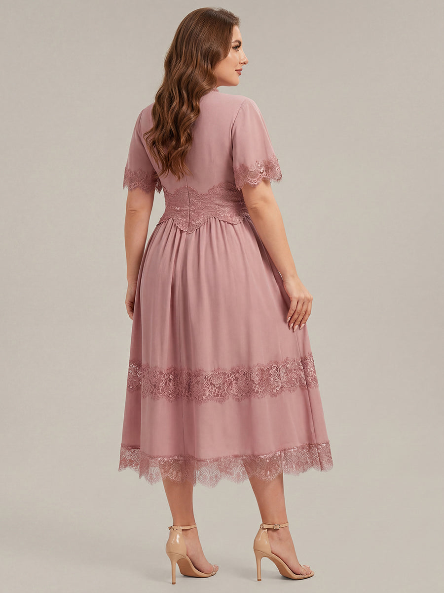 Tea L?nge V-Ausschnitt A-Linie Chiffon Kleid Mit Falten Design Und Cut-Out Detail #Farbe_Altrosa