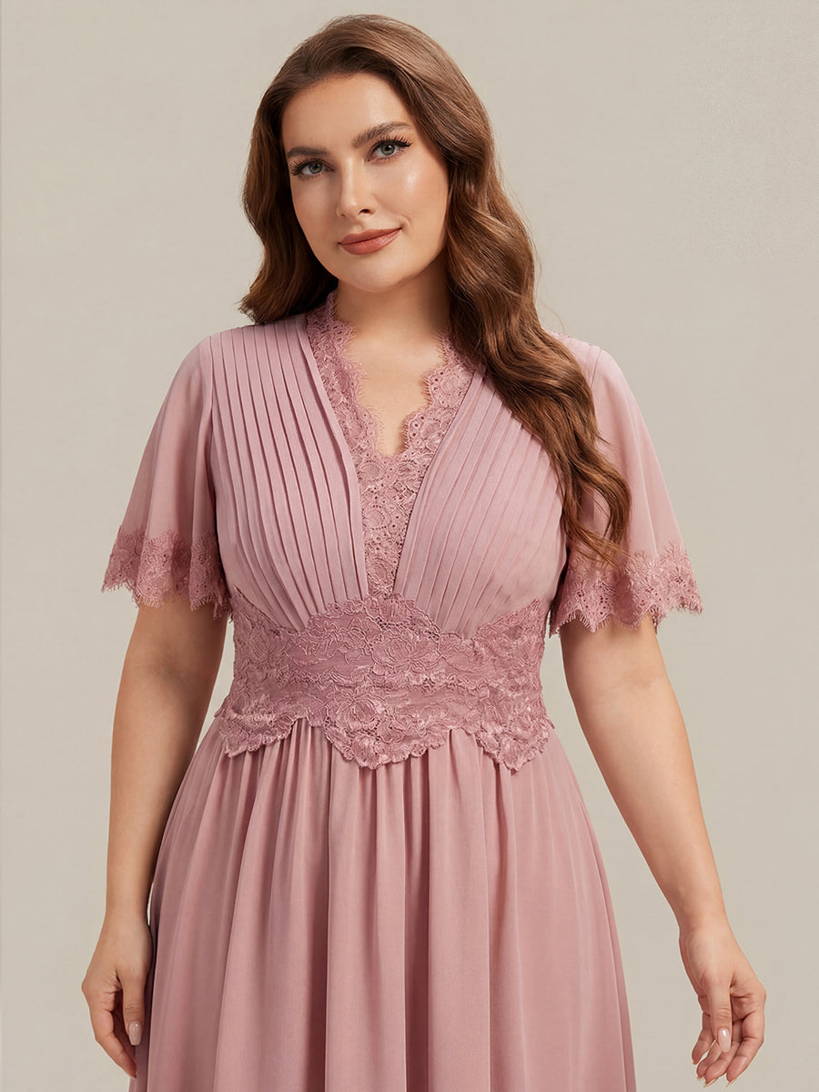 Tea L?nge V-Ausschnitt A-Linie Chiffon Kleid Mit Falten Design Und Cut-Out Detail #Farbe_Altrosa