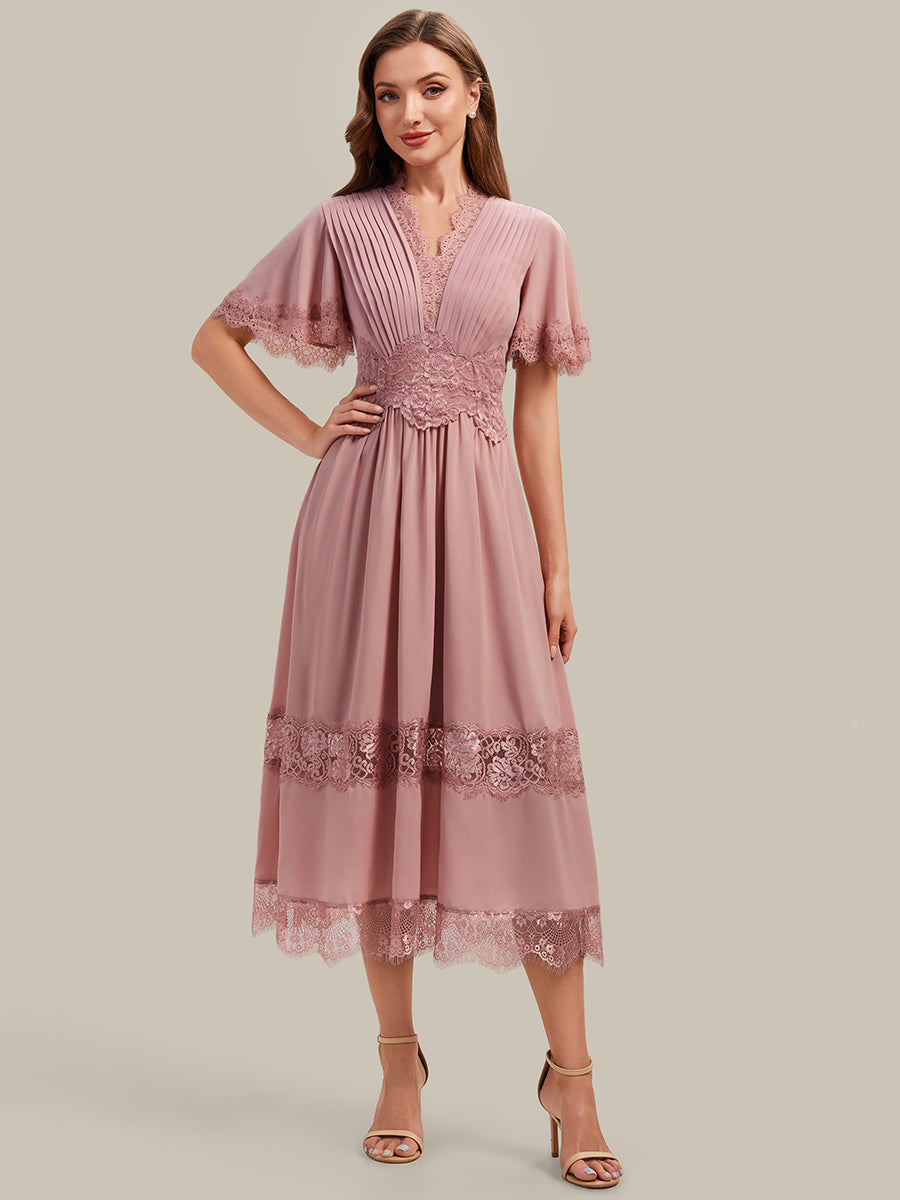 Tea L?nge V-Ausschnitt A-Linie Chiffon Kleid Mit Falten Design Und Cut-Out Detail #Farbe_Altrosa