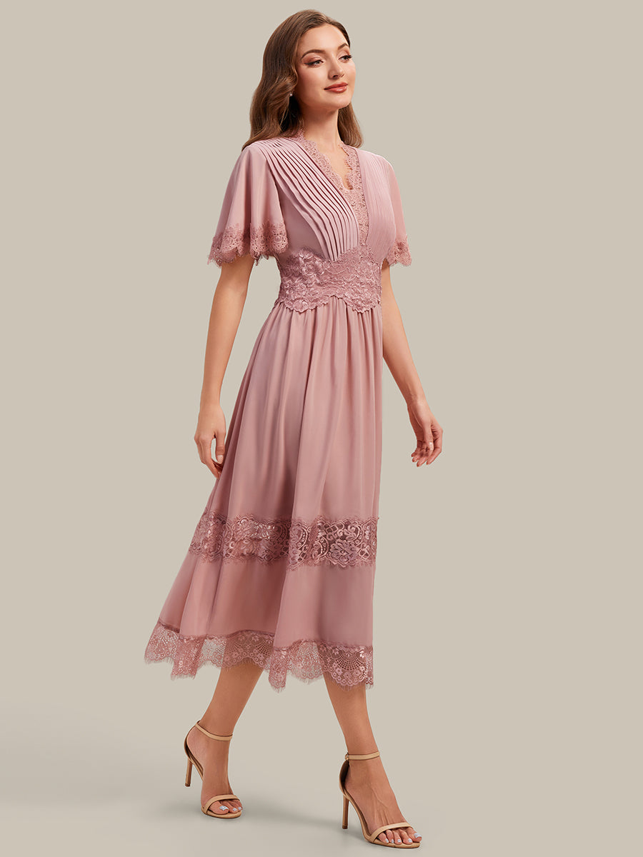 Tea L?nge V-Ausschnitt A-Linie Chiffon Kleid Mit Falten Design Und Cut-Out Detail #Farbe_Altrosa