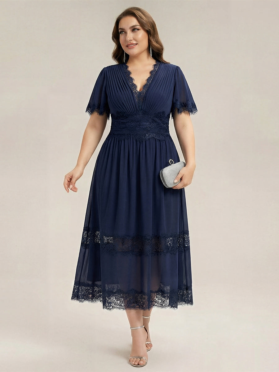 Tea L?nge V-Ausschnitt A-Linie Chiffon Kleid Mit Falten Design Und Cut-Out Detail #Farbe_Marineblau