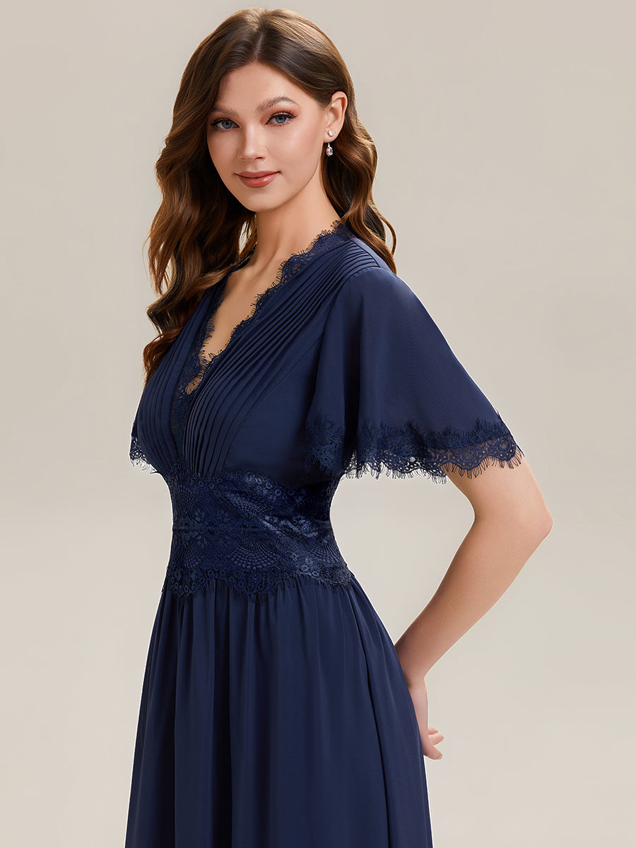 Tea L?nge V-Ausschnitt A-Linie Chiffon Kleid Mit Falten Design Und Cut-Out Detail #Farbe_Marineblau
