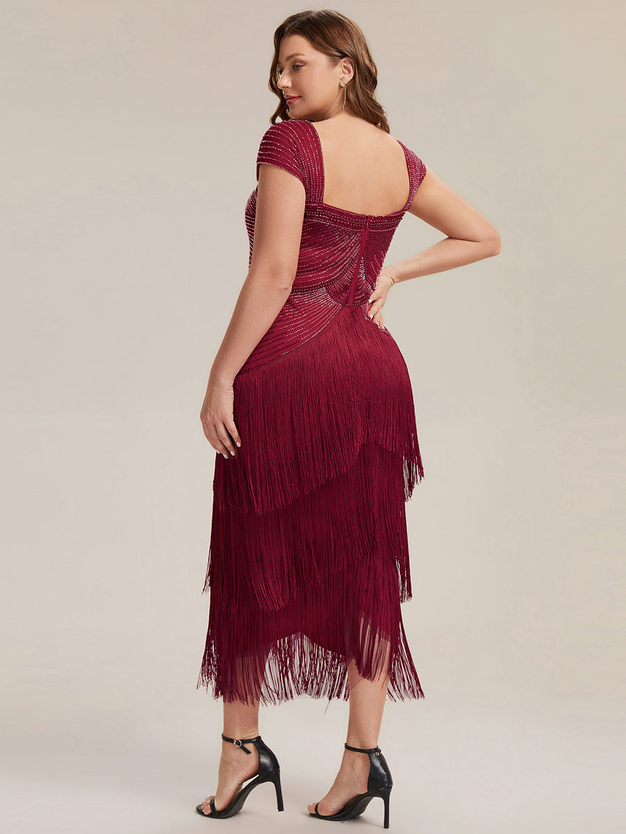 Tea Länge Quadrat Ausschnitt Bodycon Tüll Kleid Mit Perlen Verzierten Stufen Details #Farbe_Burgunderrot