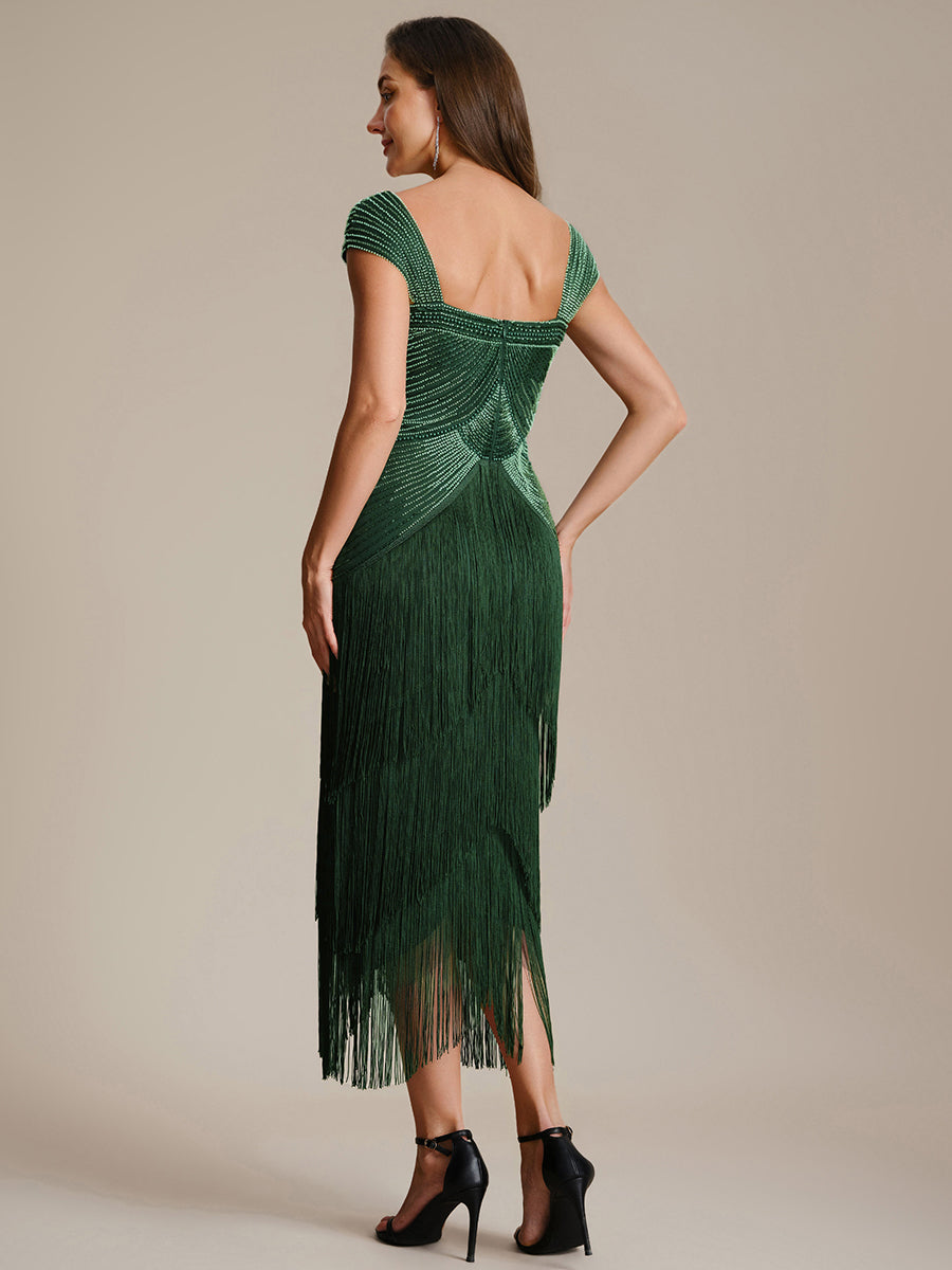 Tea Länge Quadrat Ausschnitt Bodycon Tüll Kleid Mit Perlen Verzierten Stufen Details #Farbe_Dunkelgrün
