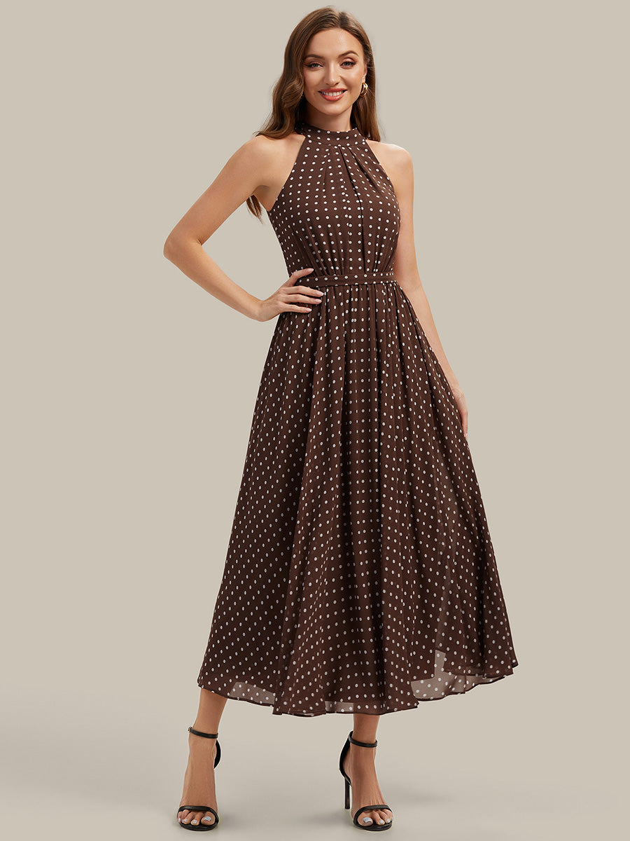 Midi Halter Neck A Linie Chiffon Kleid Mit Falten Und Punkten #Farbe_Braune Punkte