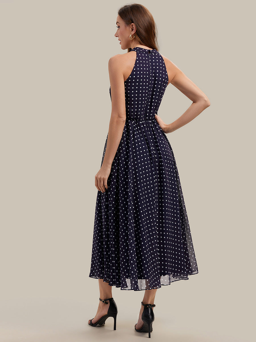 Midi Halter Neck A Linie Chiffon Kleid Mit Falten Und Punkten #Farbe_Marineblaue Punkte