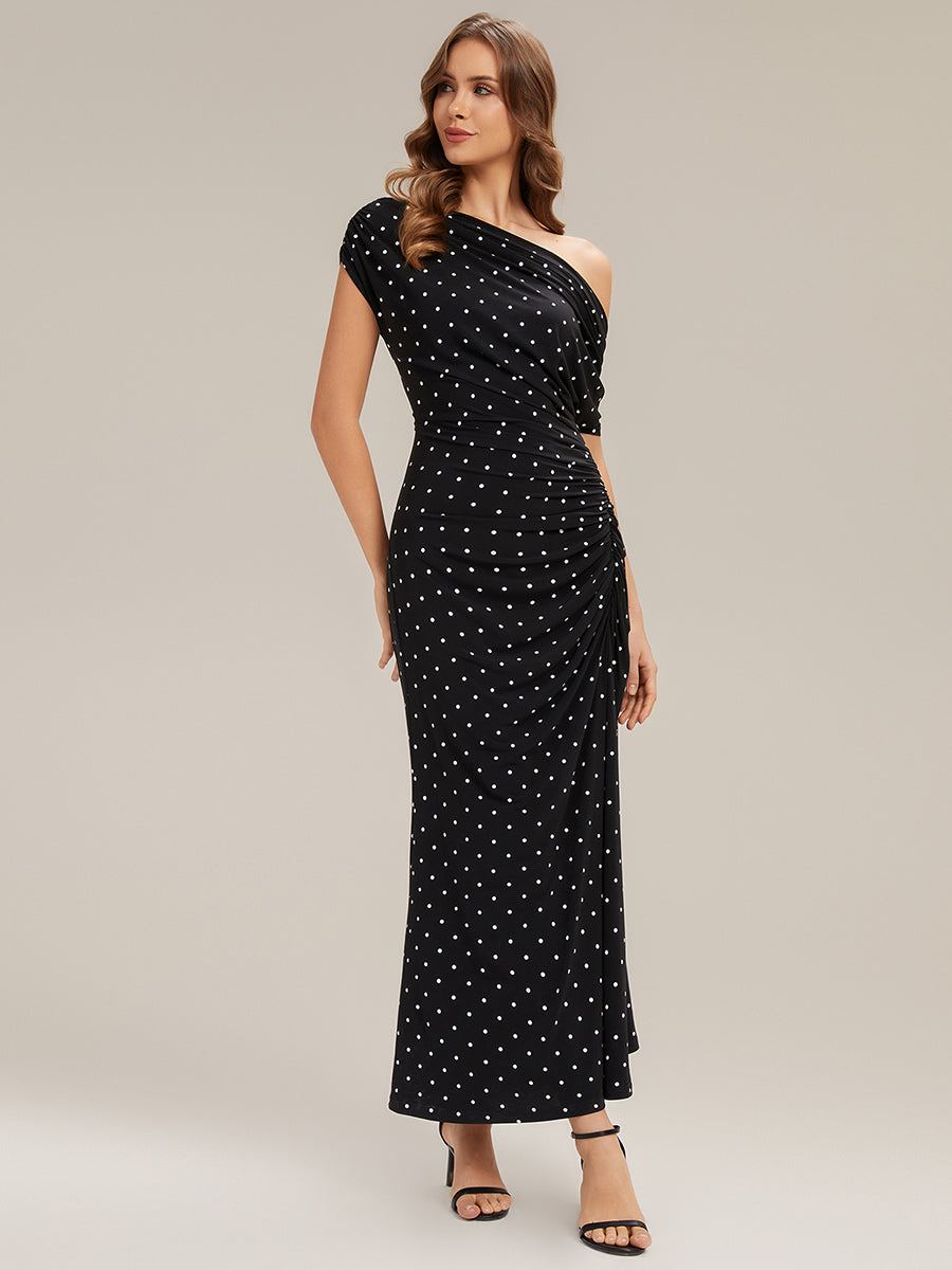 Kn?chellang Asymmetrisches Sheath Kleid Aus Strick Mit Polka Dot Und Bedrucktem Design #Farbe_Schwarz gepunktet