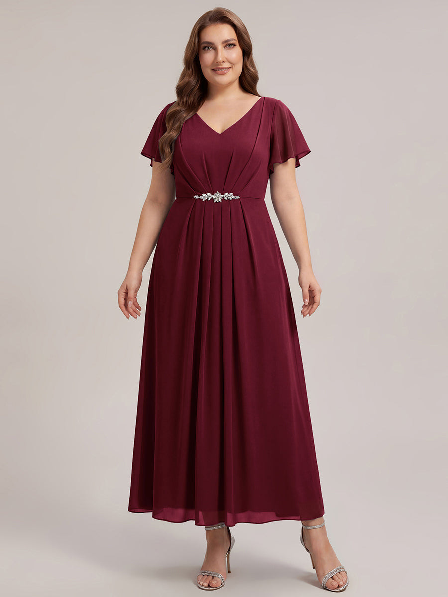 Kn?chellang V-Ausschnitt A-Line Chiffon Kleid R¨¹schendetails Strassverzierungen #Farbe_Burgunderrot