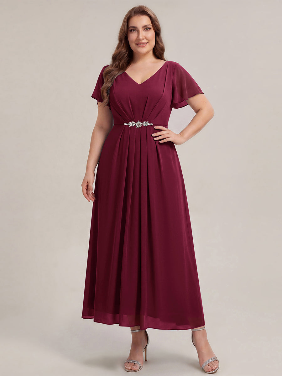 Kn?chellang V-Ausschnitt A-Line Chiffon Kleid R¨¹schendetails Strassverzierungen #Farbe_Burgunderrot
