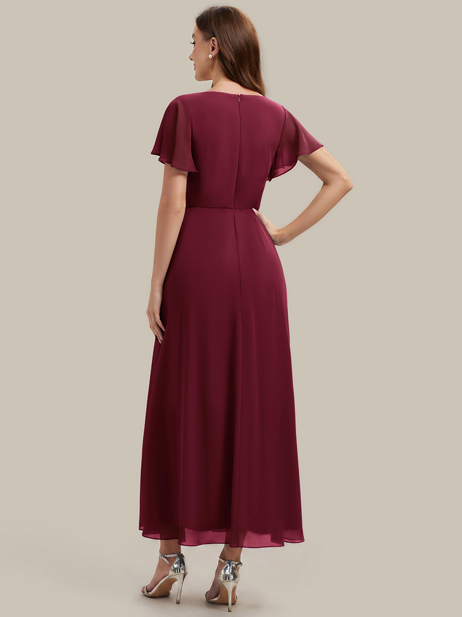 Kn?chellang V-Ausschnitt A-Line Chiffon Kleid R¨¹schendetails Strassverzierungen #Farbe_Burgunderrot