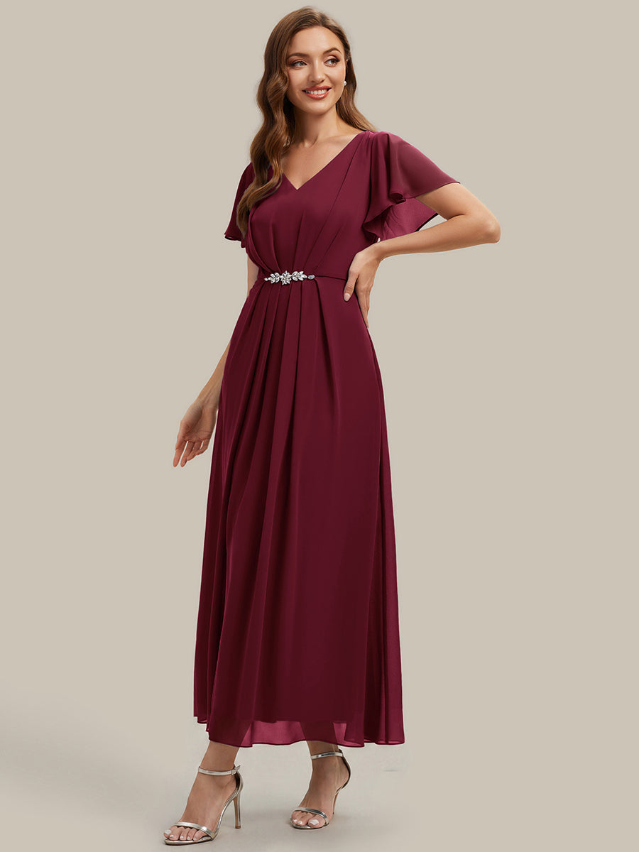 Kn?chellang V-Ausschnitt A-Line Chiffon Kleid R¨¹schendetails Strassverzierungen #Farbe_Burgunderrot