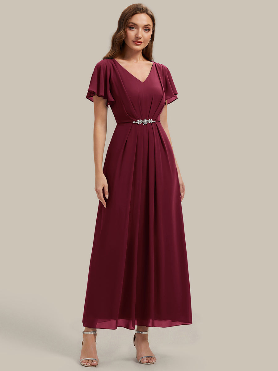Kn?chellang V-Ausschnitt A-Line Chiffon Kleid R¨¹schendetails Strassverzierungen #Farbe_Burgunderrot
