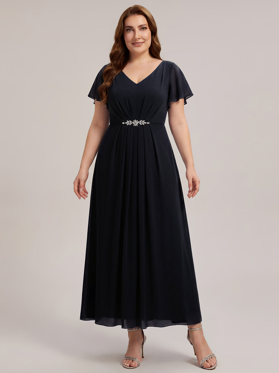 Kn?chellang V-Ausschnitt A-Line Chiffon Kleid R¨¹schendetails Strassverzierungen #Farbe_Schwarz