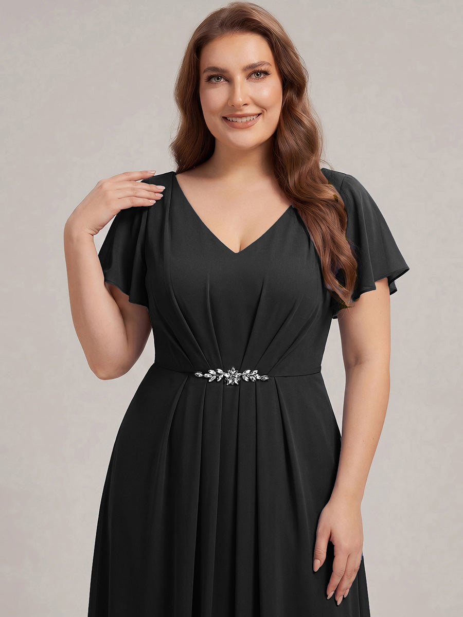 Kn?chellang V-Ausschnitt A-Line Chiffon Kleid R¨¹schendetails Strassverzierungen #Farbe_Schwarz