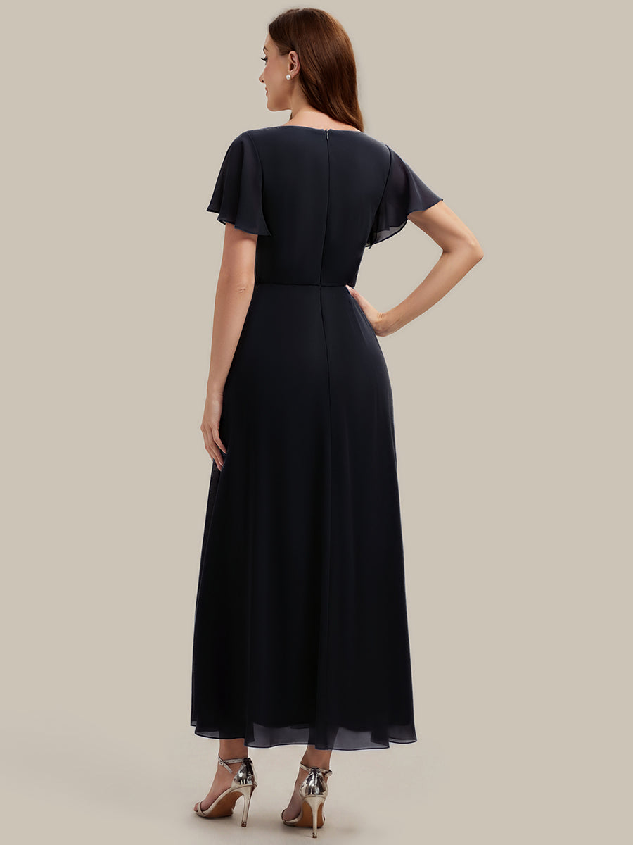 Kn?chellang V-Ausschnitt A-Line Chiffon Kleid R¨¹schendetails Strassverzierungen #Farbe_Schwarz
