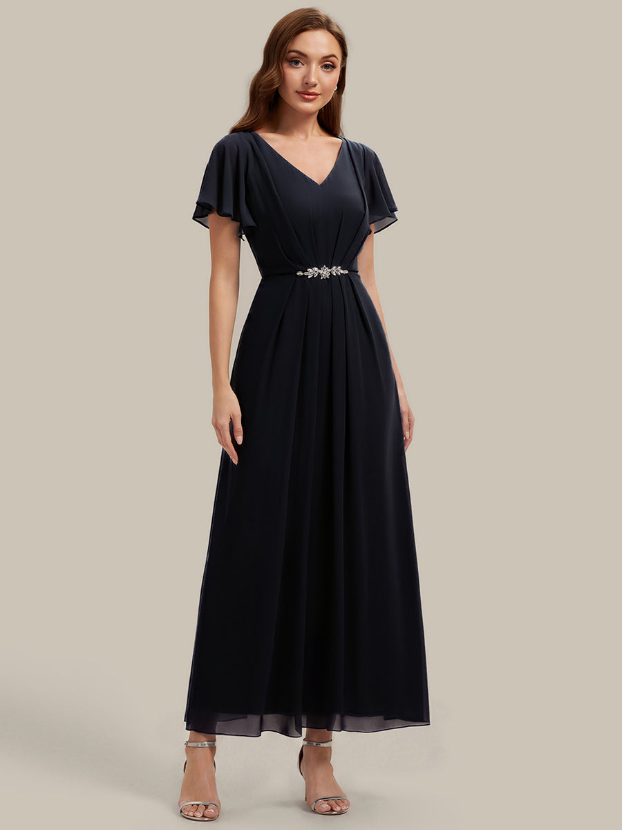 Kn?chellang V-Ausschnitt A-Line Chiffon Kleid R¨¹schendetails Strassverzierungen #Farbe_Schwarz
