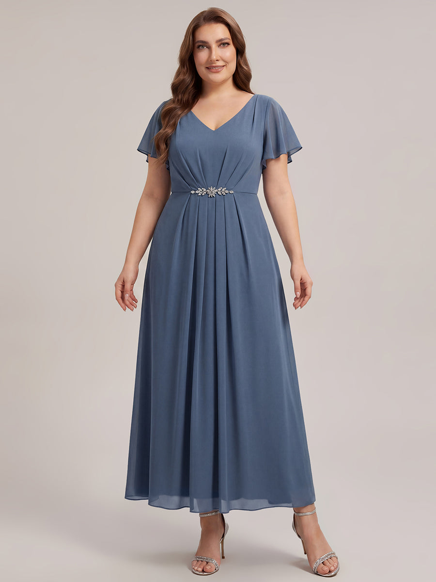 Kn?chellang V-Ausschnitt A-Line Chiffon Kleid R¨¹schendetails Strassverzierungen #Farbe_Taubenblau