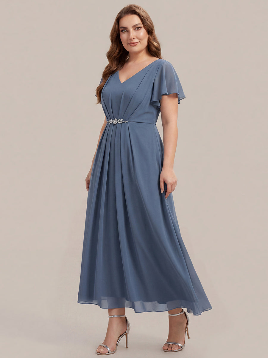 Kn?chellang V-Ausschnitt A-Line Chiffon Kleid R¨¹schendetails Strassverzierungen #Farbe_Taubenblau