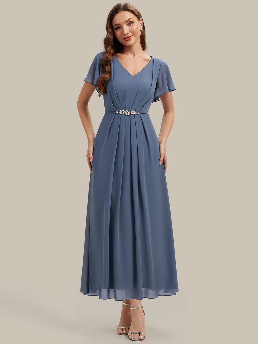 Kn?chellang V-Ausschnitt A-Line Chiffon Kleid R¨¹schendetails Strassverzierungen #Farbe_Taubenblau
