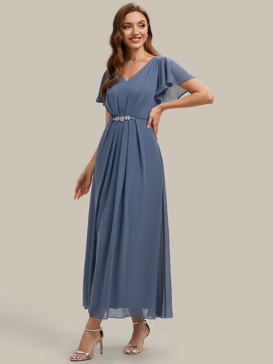 Kn?chellang V-Ausschnitt A-Line Chiffon Kleid R¨¹schendetails Strassverzierungen #Farbe_Taubenblau