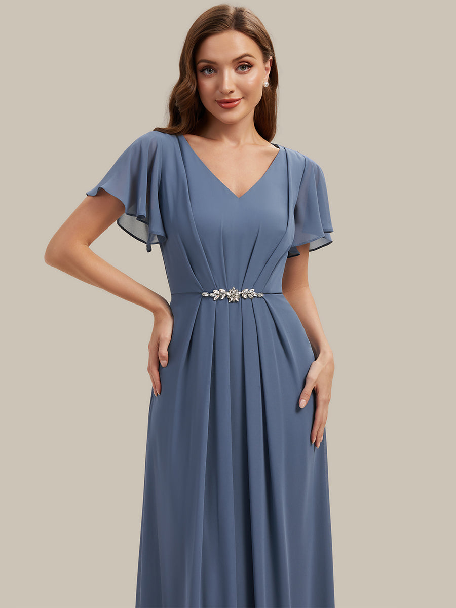 Kn?chellang V-Ausschnitt A-Line Chiffon Kleid R¨¹schendetails Strassverzierungen #Farbe_Taubenblau