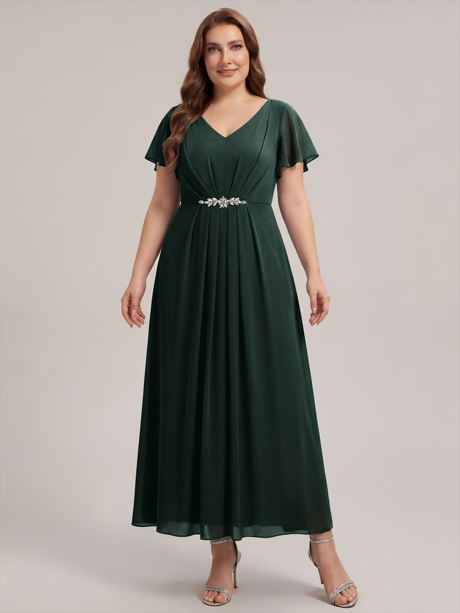 Kn?chellang V-Ausschnitt A-Line Chiffon Kleid R¨¹schendetails Strassverzierungen #Farbe_Dunkelwaldgrün