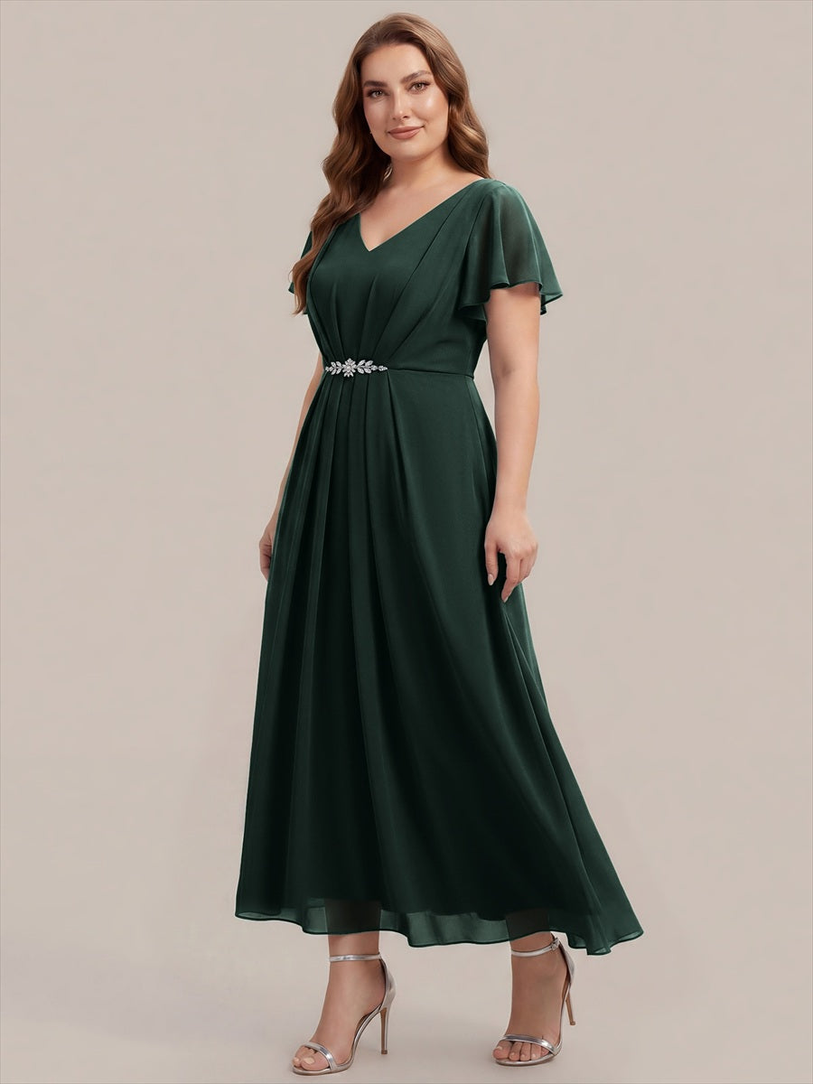 Kn?chellang V-Ausschnitt A-Line Chiffon Kleid R¨¹schendetails Strassverzierungen #Farbe_Dunkelwaldgrün
