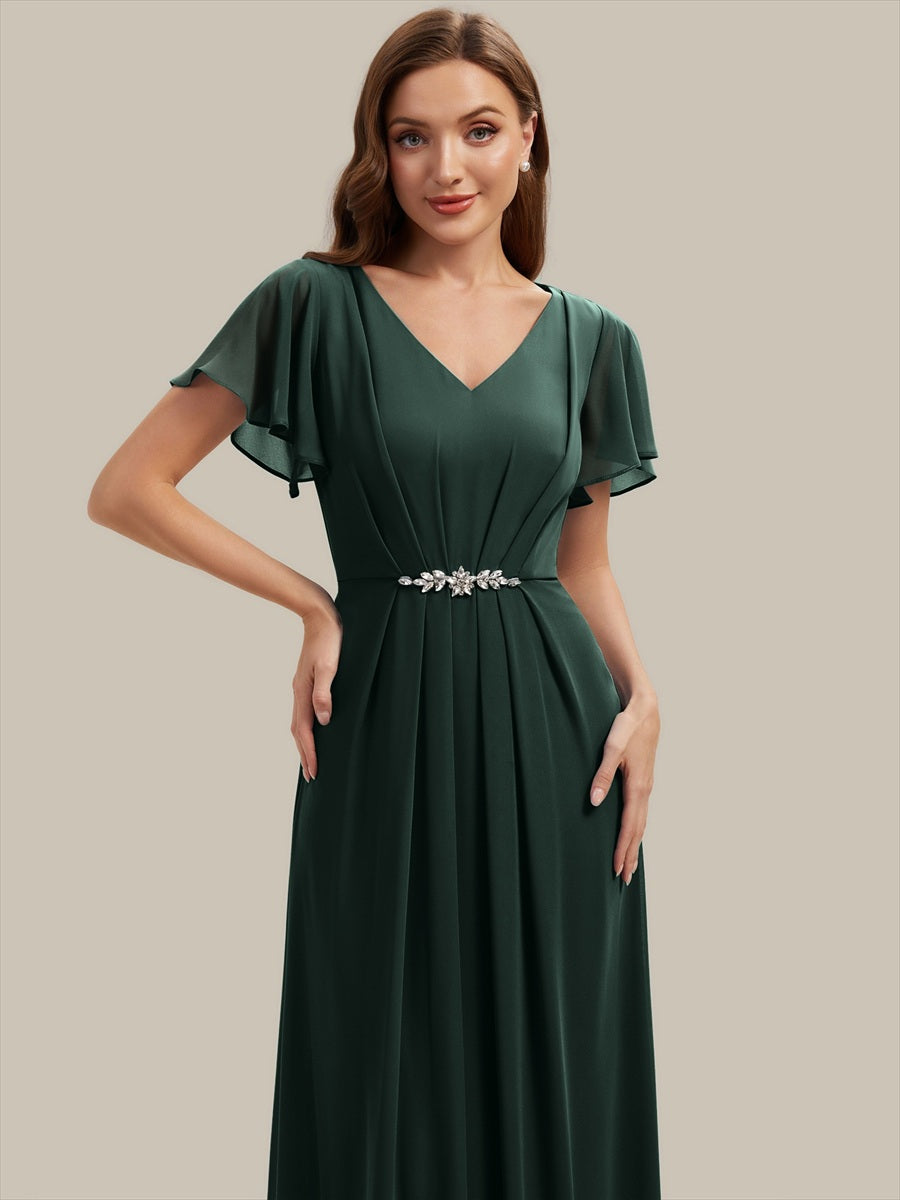 Kn?chellang V-Ausschnitt A-Line Chiffon Kleid R¨¹schendetails Strassverzierungen #Farbe_Dunkelwaldgrün