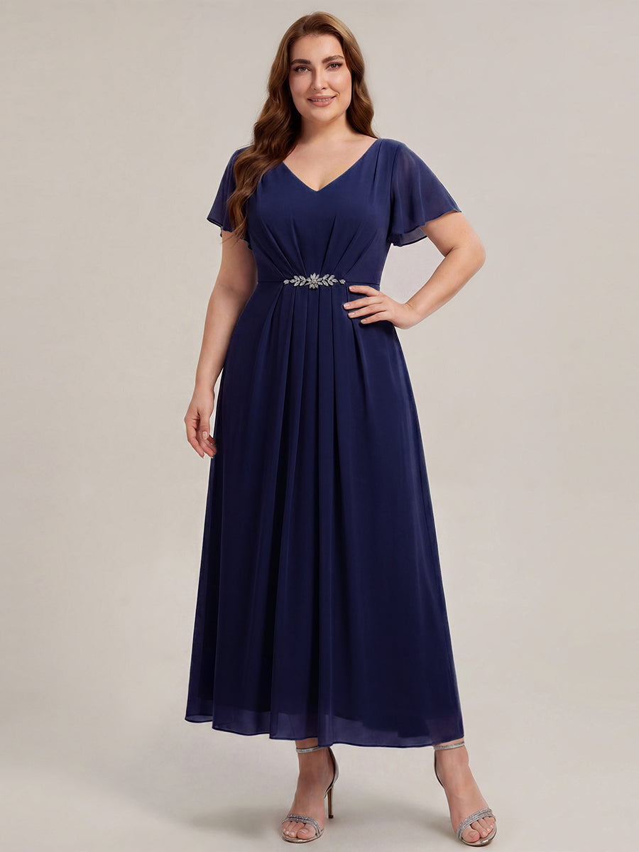 Kn?chellang V-Ausschnitt A-Line Chiffon Kleid R¨¹schendetails Strassverzierungen #Farbe_Marineblau