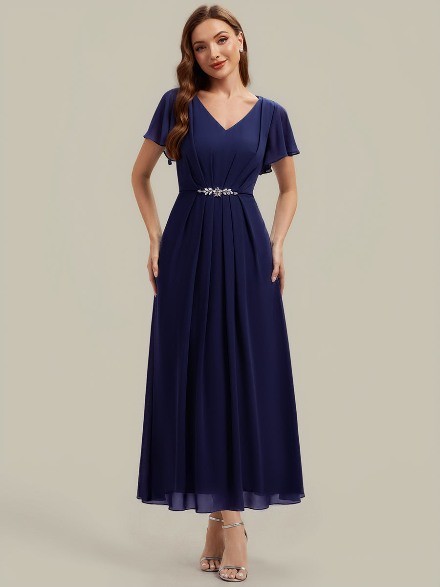 Kn?chellang V-Ausschnitt A-Line Chiffon Kleid R¨¹schendetails Strassverzierungen #Farbe_Marineblau