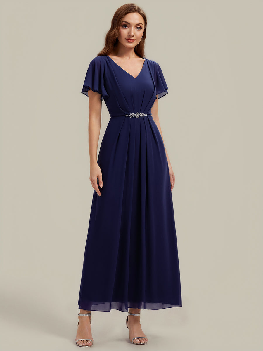 Kn?chellang V-Ausschnitt A-Line Chiffon Kleid R¨¹schendetails Strassverzierungen #Farbe_Marineblau
