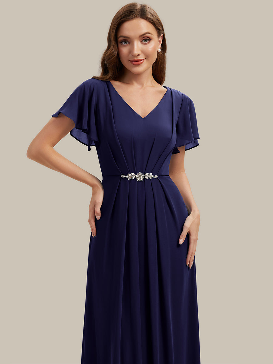 Kn?chellang V-Ausschnitt A-Line Chiffon Kleid R¨¹schendetails Strassverzierungen #Farbe_Marineblau