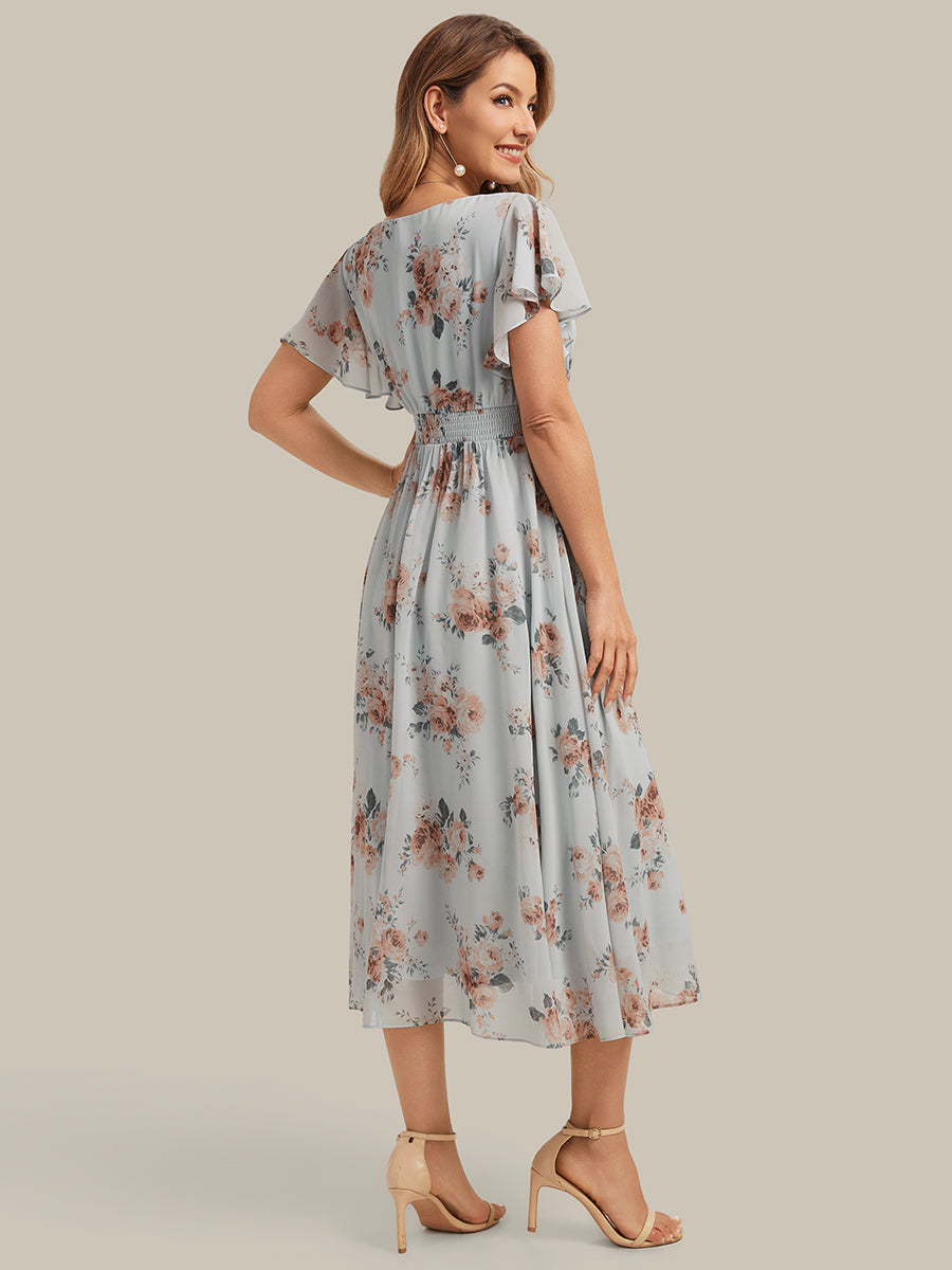 Midi Tee-L?nge Smocked A-Linie Kleid Mit V-Ausschnitt Aus Chiffon Elegant Und Stilvoll Kleid #Farbe_Bernstein