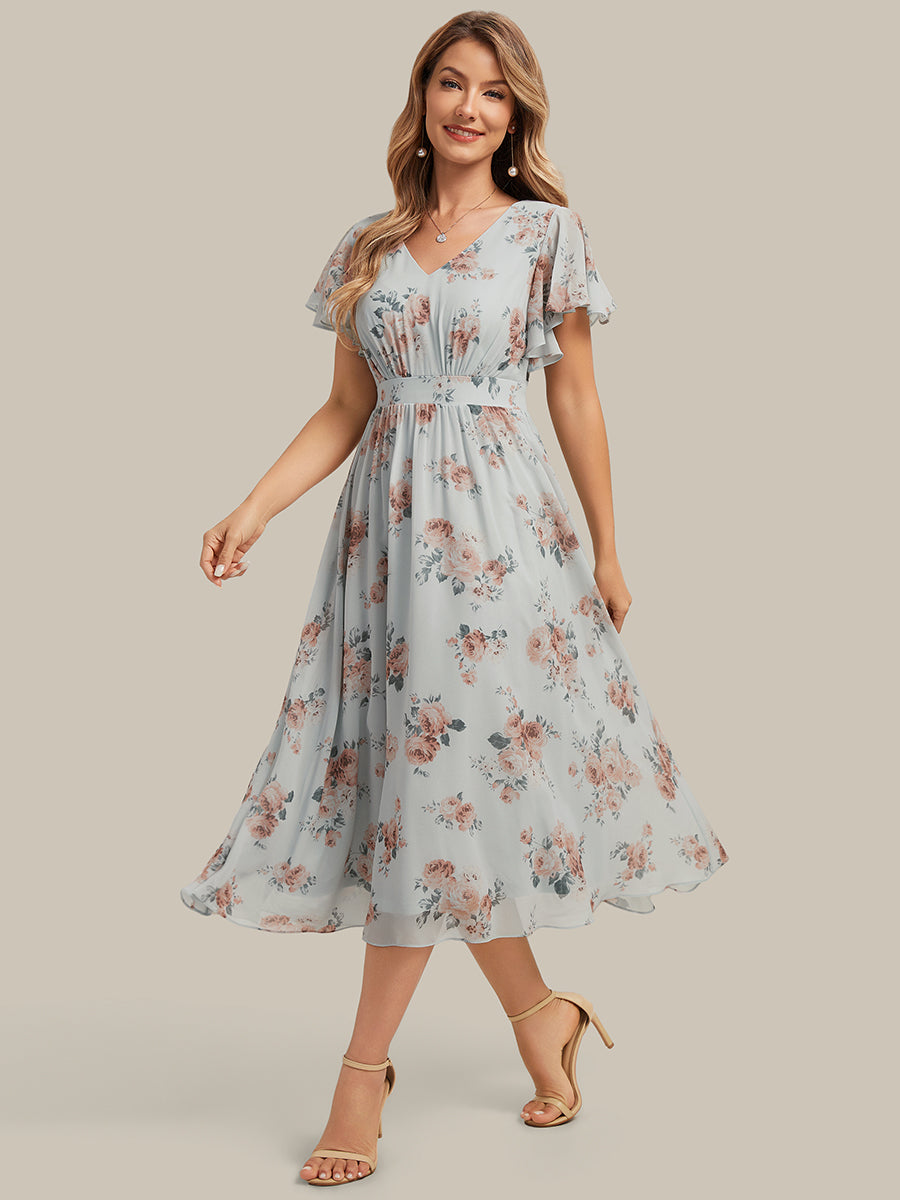 Midi Tee-L?nge Smocked A-Linie Kleid Mit V-Ausschnitt Aus Chiffon Elegant Und Stilvoll Kleid #Farbe_Bernstein