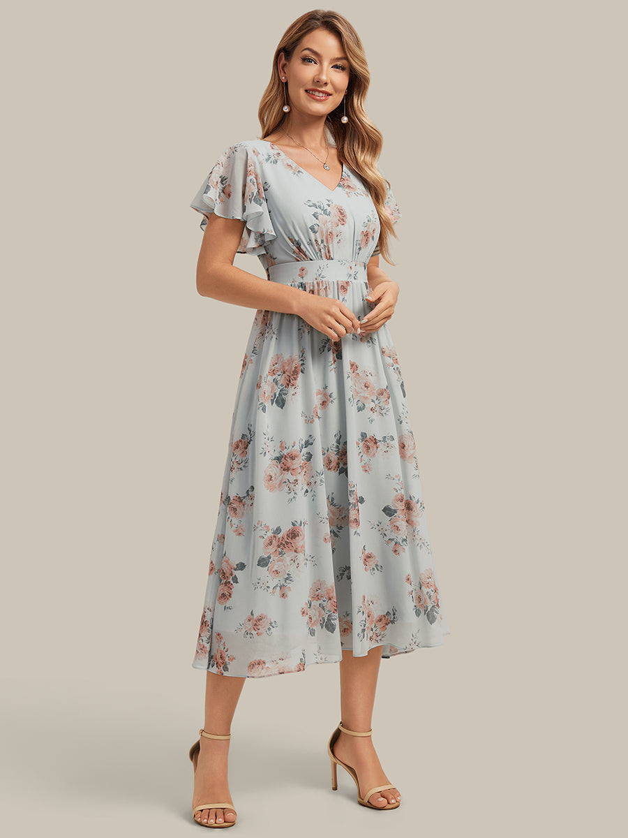 Midi Tee-L?nge Smocked A-Linie Kleid Mit V-Ausschnitt Aus Chiffon Elegant Und Stilvoll Kleid #Farbe_Bernstein