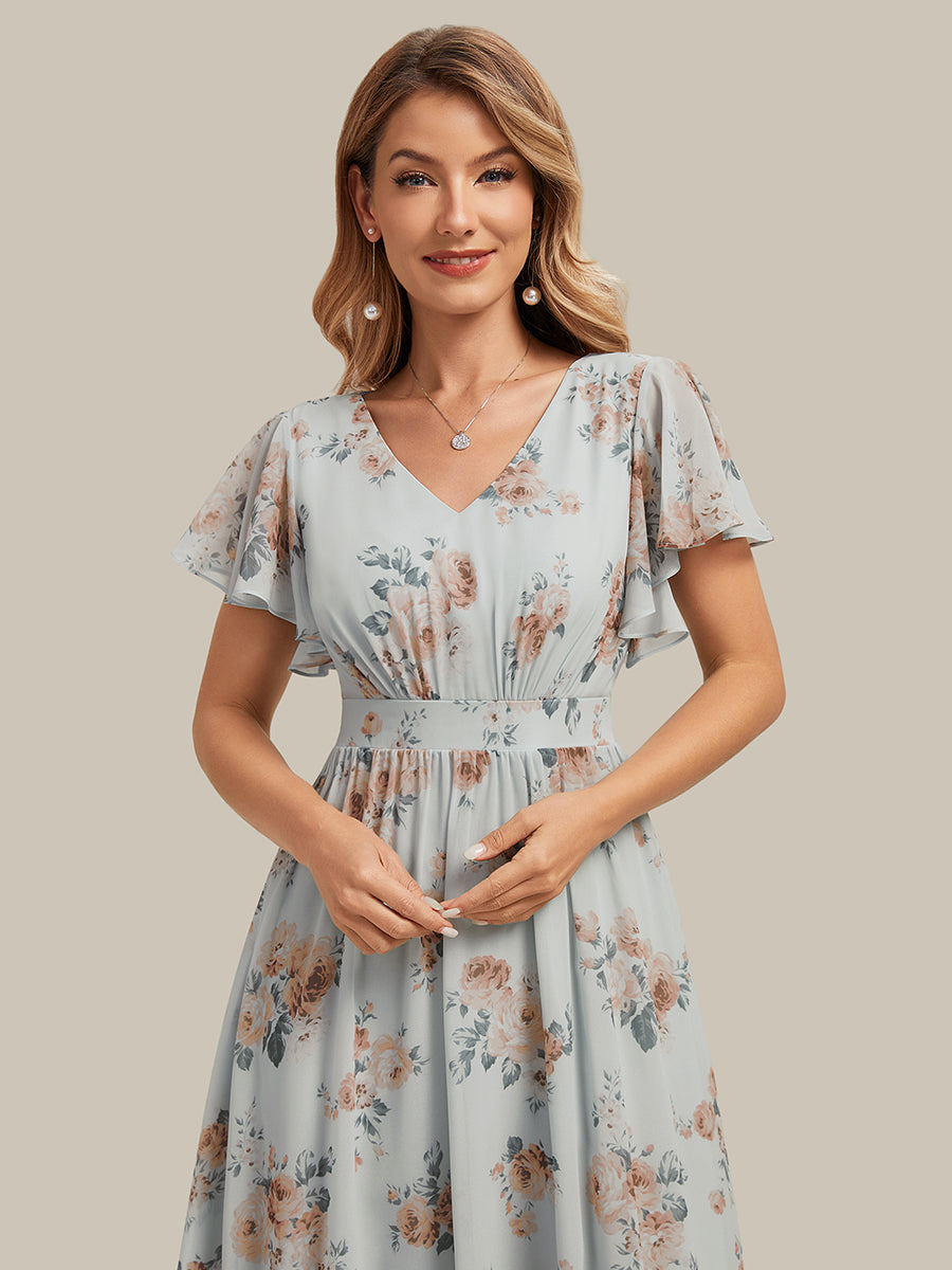 Midi Tee-L?nge Smocked A-Linie Kleid Mit V-Ausschnitt Aus Chiffon Elegant Und Stilvoll Kleid #Farbe_Bernstein