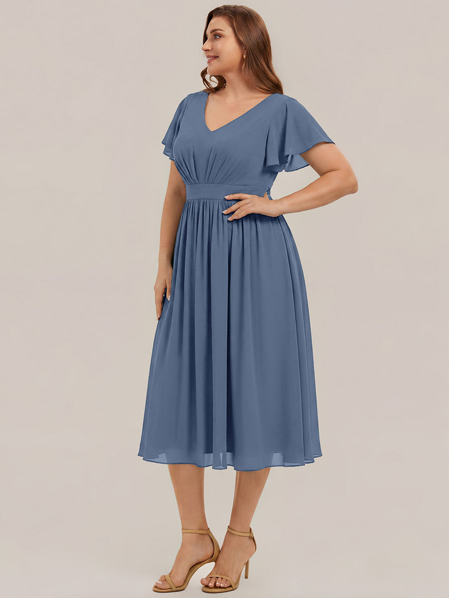 Midi Tee-L?nge Smocked A-Linie Kleid Mit V-Ausschnitt Aus Chiffon Elegant Und Stilvoll Kleid #Farbe_Taubenblau