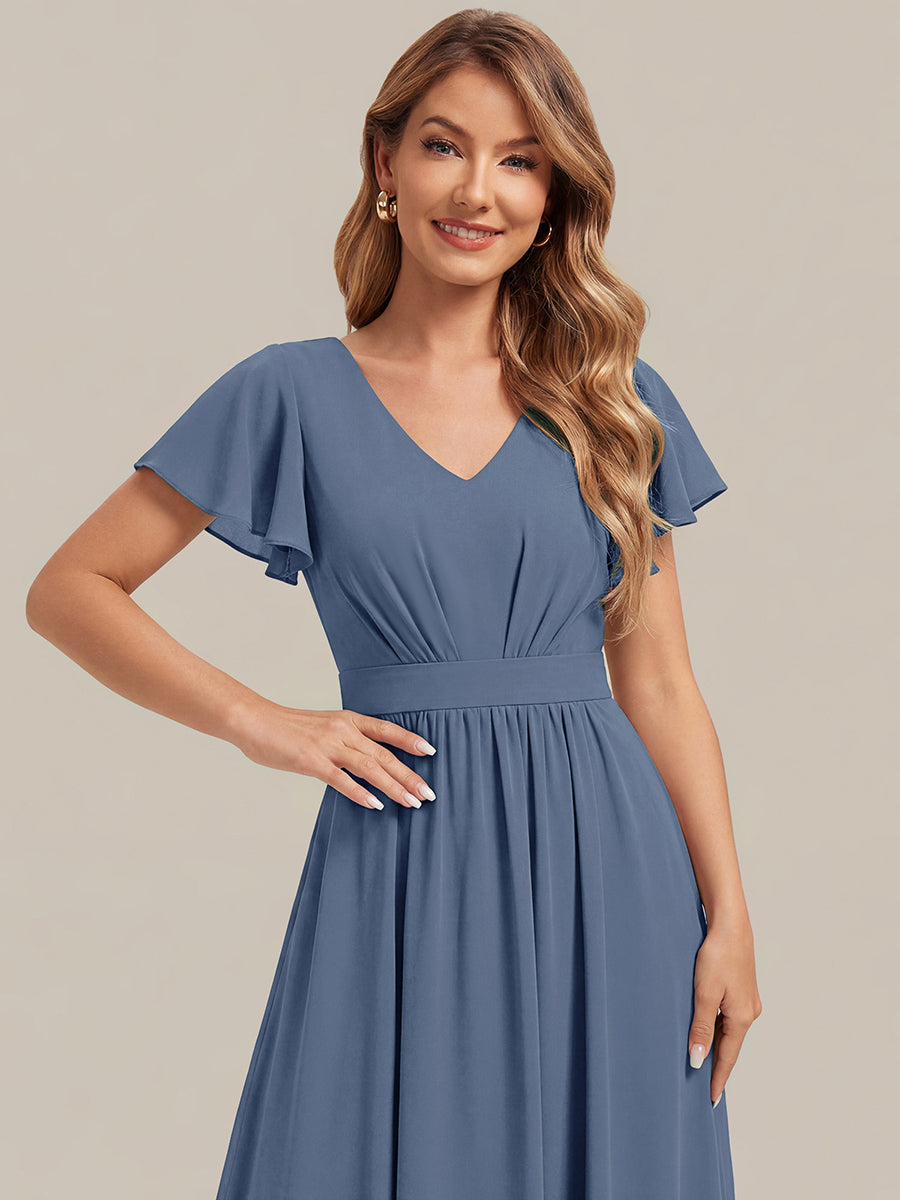 Midi Tee-L?nge Smocked A-Linie Kleid Mit V-Ausschnitt Aus Chiffon Elegant Und Stilvoll Kleid #Farbe_Taubenblau