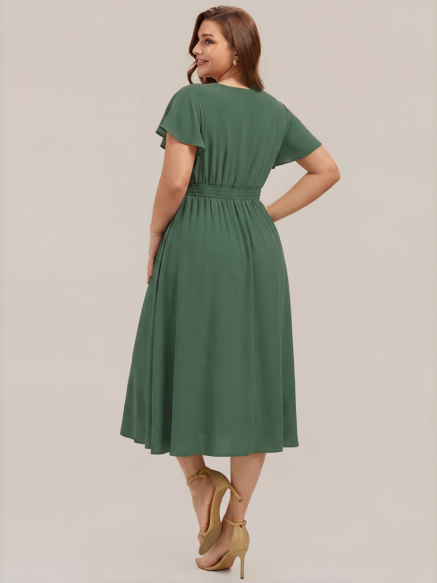 Midi Tee-L?nge Smocked A-Linie Kleid Mit V-Ausschnitt Aus Chiffon Elegant Und Stilvoll Kleid #Farbe_Eukalyptus