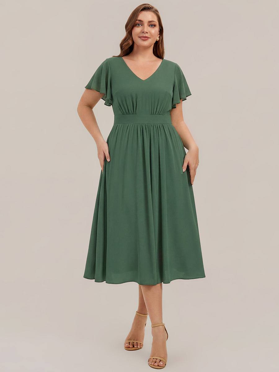 Midi Tee-L?nge Smocked A-Linie Kleid Mit V-Ausschnitt Aus Chiffon Elegant Und Stilvoll Kleid #Farbe_Eukalyptus