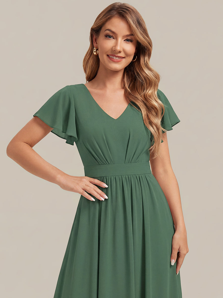 Midi Tee-L?nge Smocked A-Linie Kleid Mit V-Ausschnitt Aus Chiffon Elegant Und Stilvoll Kleid #Farbe_Eukalyptus