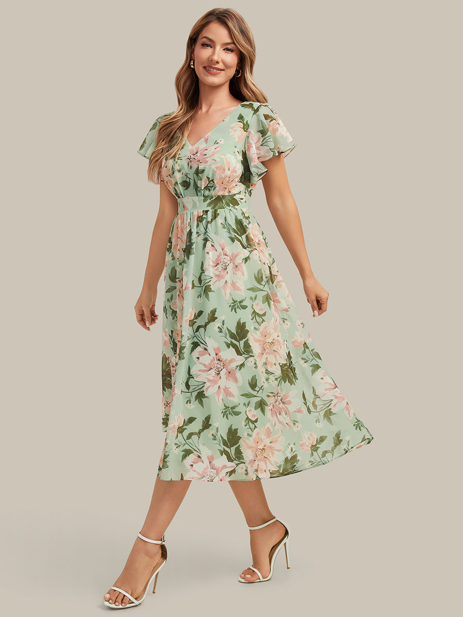 Midi Tee-L?nge Smocked A-Linie Kleid Mit V-Ausschnitt Aus Chiffon Elegant Und Stilvoll Kleid #Farbe_Hellgrün mit Blumenmuster