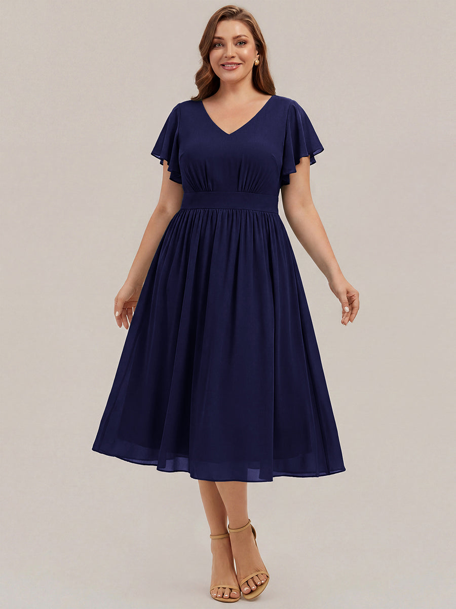 Midi Tee-L?nge Smocked A-Linie Kleid Mit V-Ausschnitt Aus Chiffon Elegant Und Stilvoll Kleid #Farbe_Marineblau