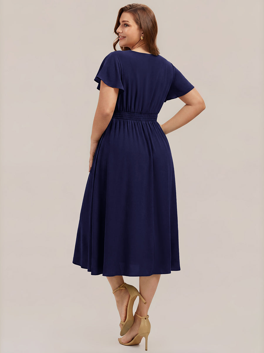 Midi Tee-L?nge Smocked A-Linie Kleid Mit V-Ausschnitt Aus Chiffon Elegant Und Stilvoll Kleid #Farbe_Marineblau