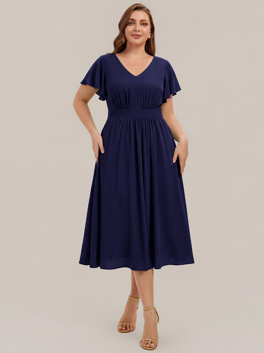 Midi Tee-L?nge Smocked A-Linie Kleid Mit V-Ausschnitt Aus Chiffon Elegant Und Stilvoll Kleid #Farbe_Marineblau